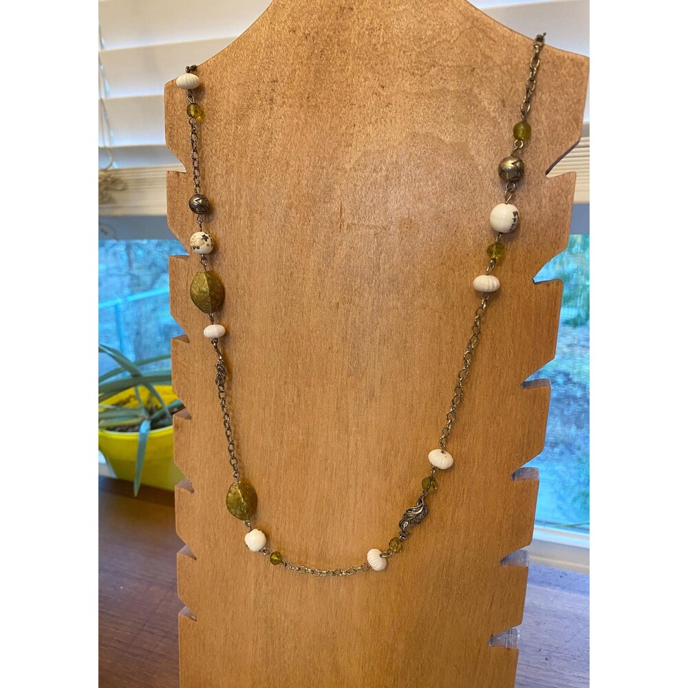Vintage Gold Plated Chain and White Green Japanese Bead and Charm Necklace